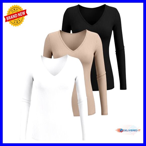 Long Sleeve V Neck T-Shirts Cotton Slim Fit Layering Basic Tees Casual - Picture 4 of 7